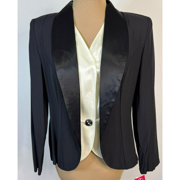 NWT Petite Perceptions Black & White Blazer 14P Satin Lapels & Rhinestone Button - Picture 1 of 9